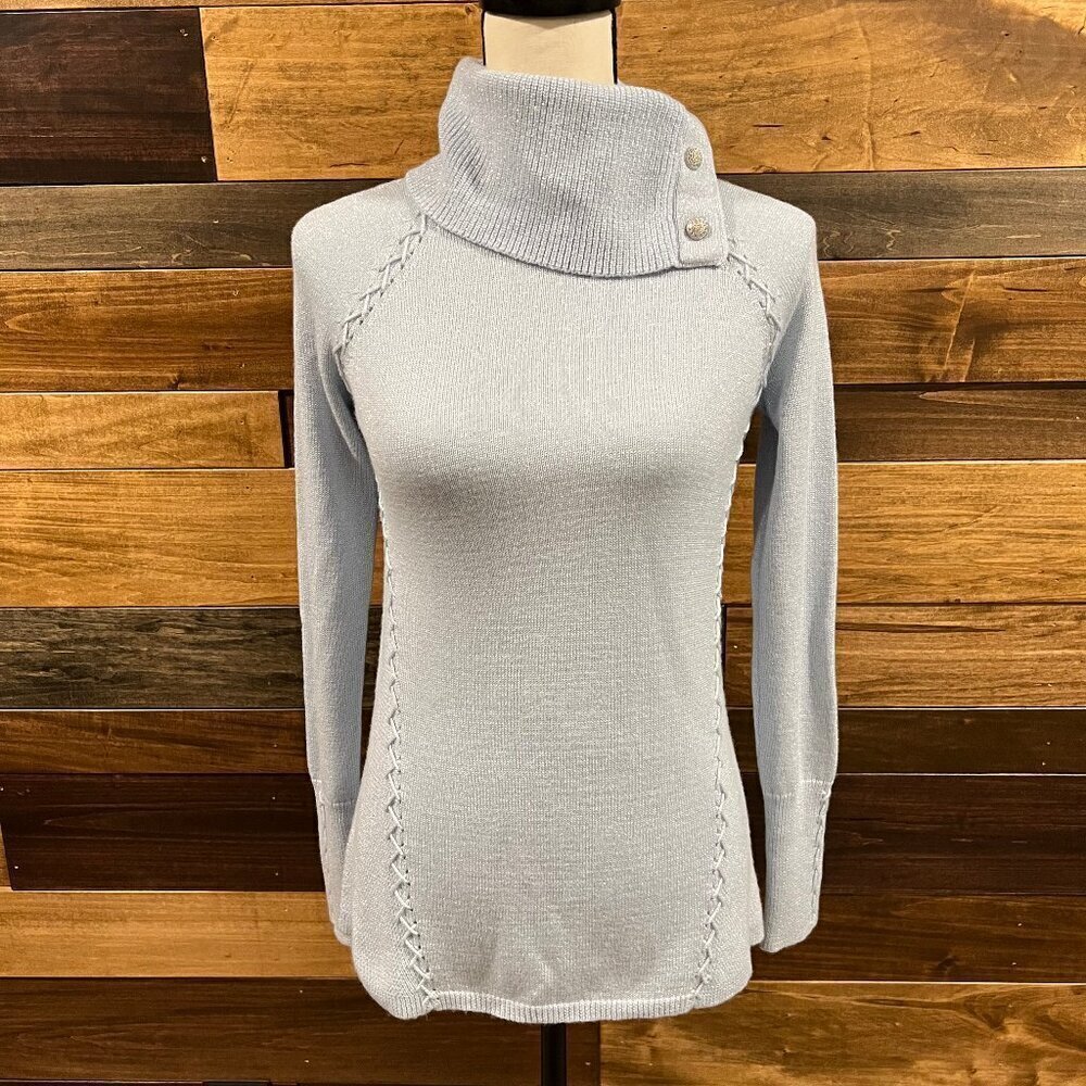 WHBM Light Blue Metallic Knit Cowl Neck Sweater, Sparkle, Classy, Size XS